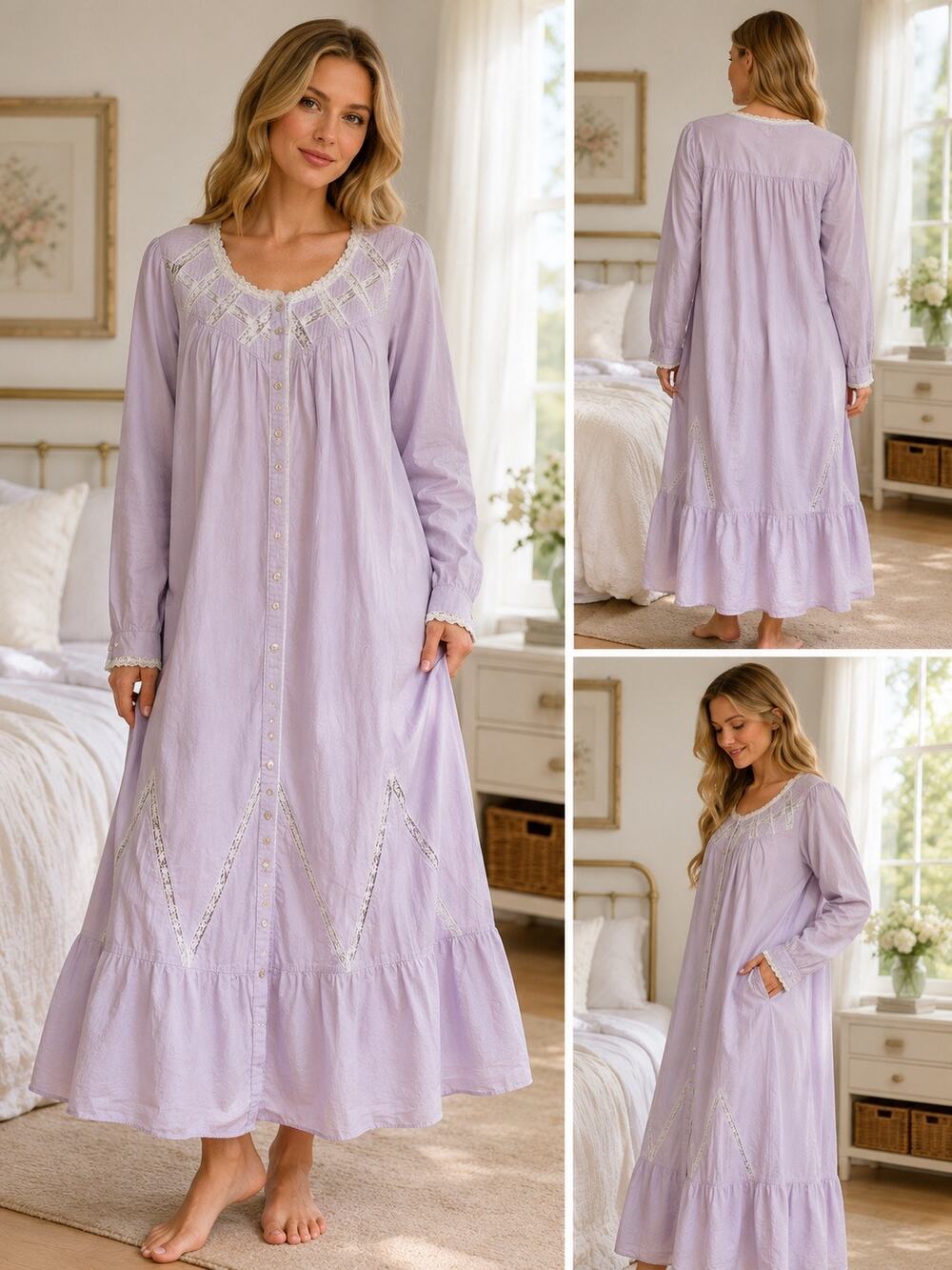Eileen West Lavender 100% Cotton Prairie Nightgown PL Button Front Cottagecore - Picture 1 of 6